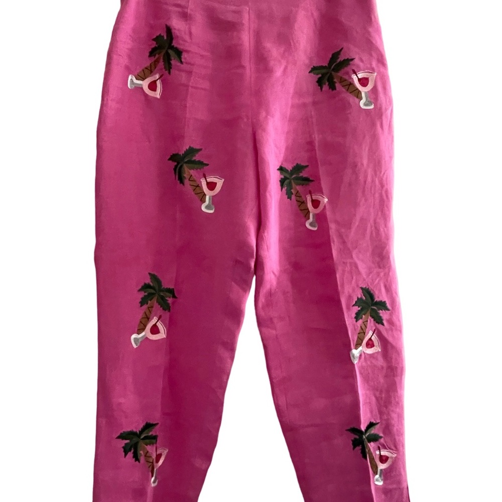 CJ Laing 100% Linen High Waist Pink Embroidered Palm Tree & Martini Pants,  6